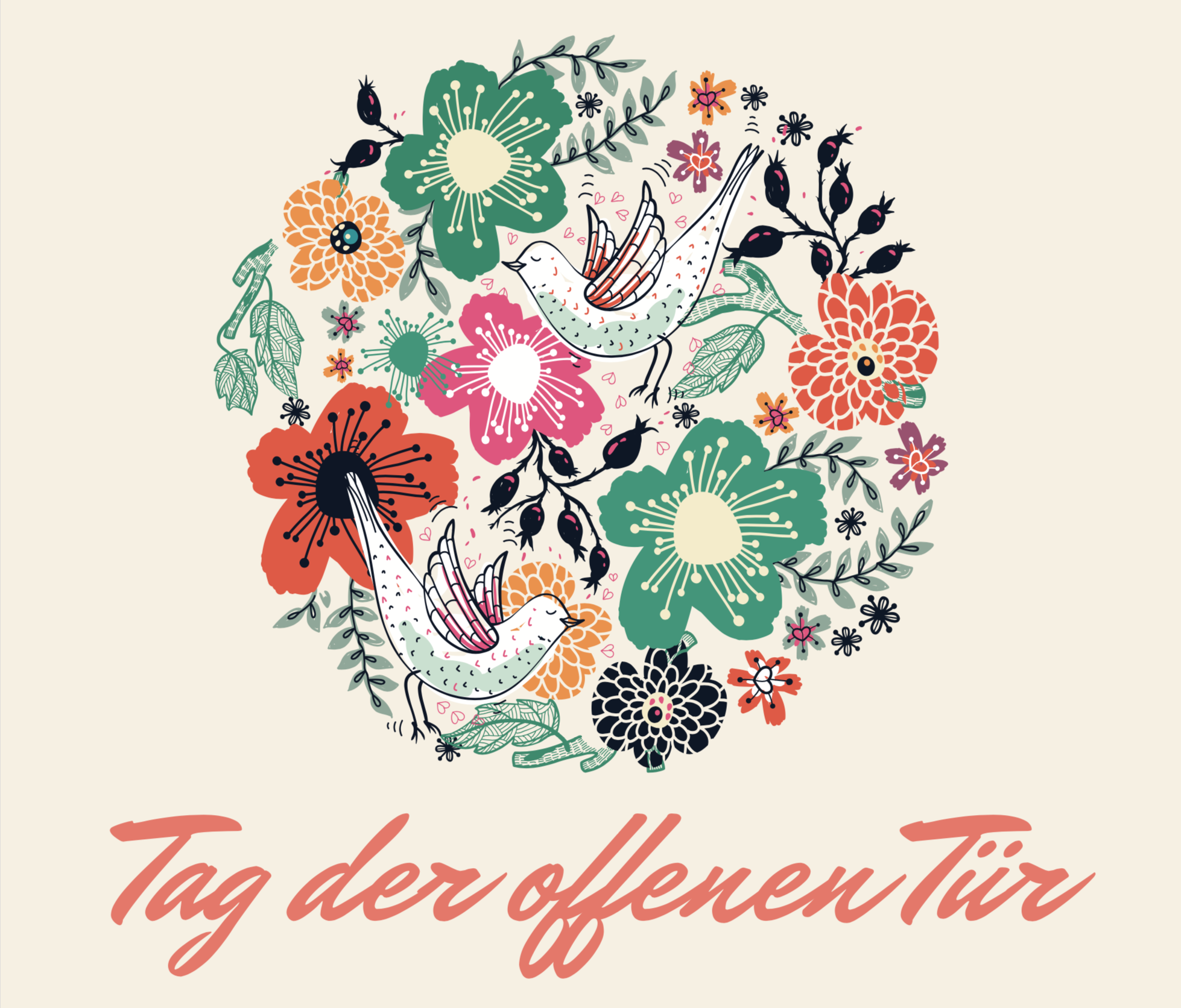Grafik zum Tag der offenen Tür mit Blumen und Vögeln