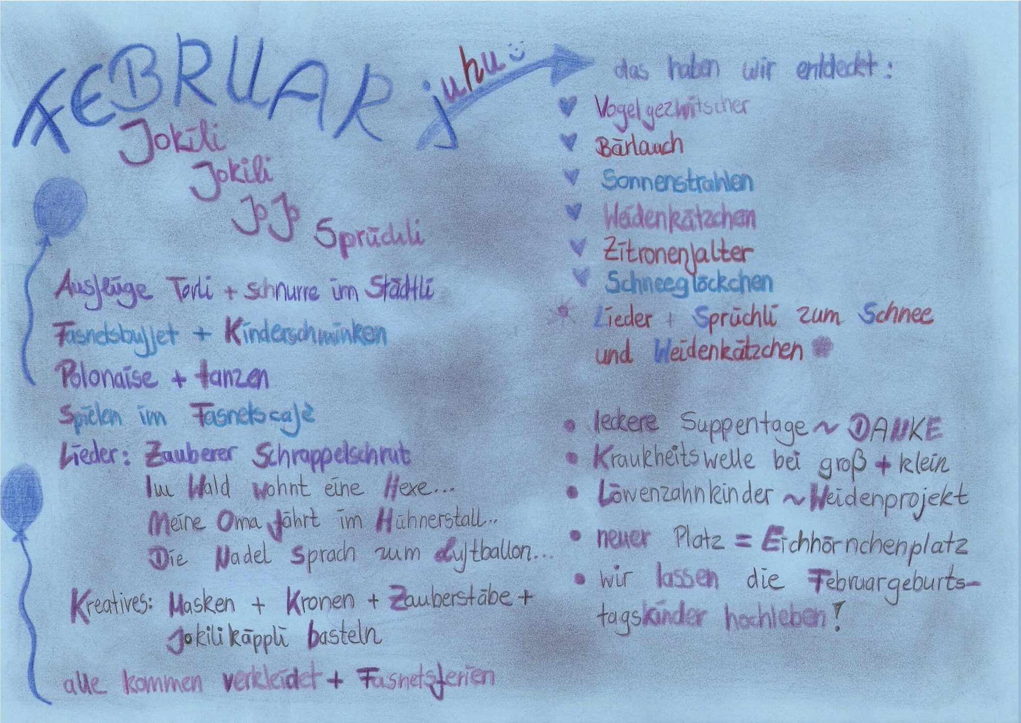Hellblaues Plakat zum Februar-Rückblick mit Fasnet, Liedern und ersten Frühlingsboten