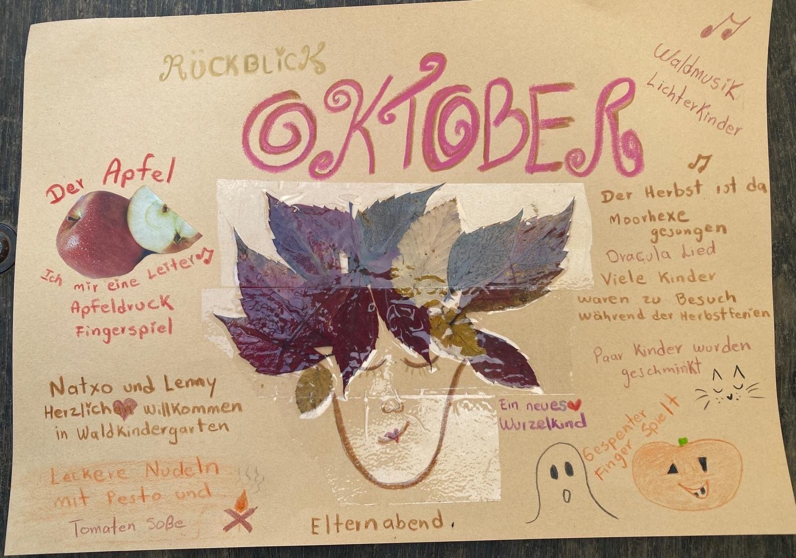 Plakat zum Oktober-Rückblick mit Blättergesicht, Apfel, Gespenst und Kürbis