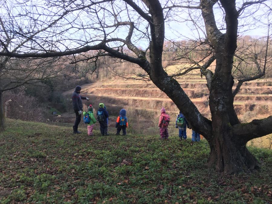 Kinder mit Rucksäcken und ein Erzieher unter einem kahlen Baum vor Weinbergterrassen