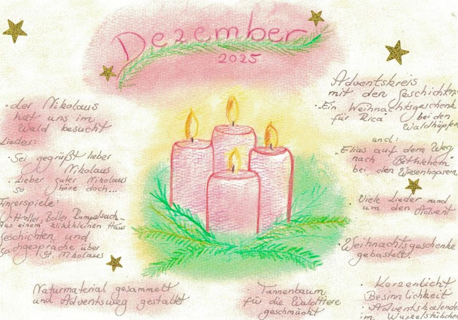 Pastellbild zum Dezember-Rückblick 2025 mit Adventskranz, Kerzen und Sternen